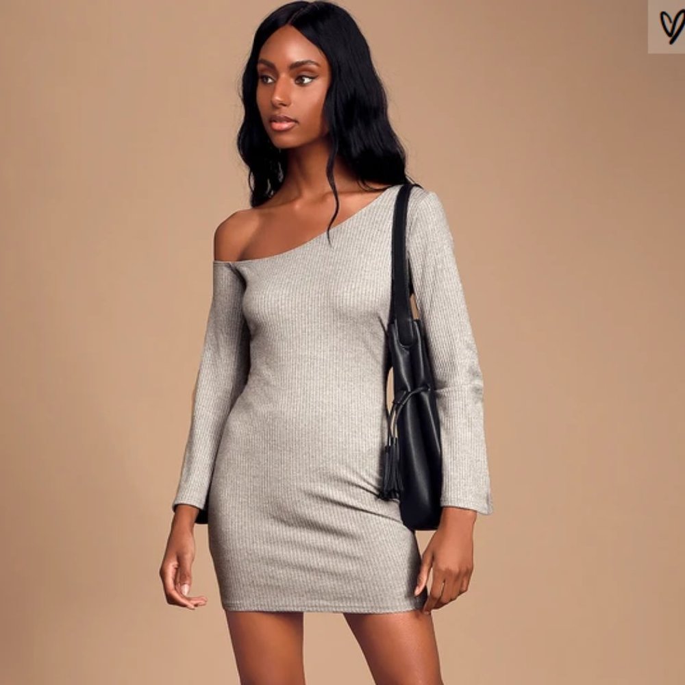 Grey Asymmetrical Off-the-Shoulder Mini Dress XS